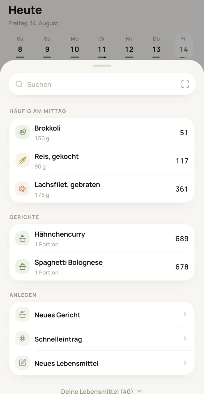 Das Hinzufügen-Fenster mit den Lebensmitteln, die mittags am häufigsten gegessen werden, und den gespeicherten Gerichten.
