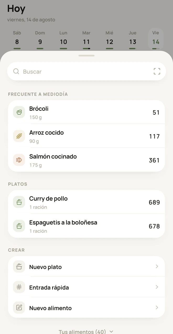 La hoja de añadir con los alimentos más frecuentes al mediodía, y los platos guardados.