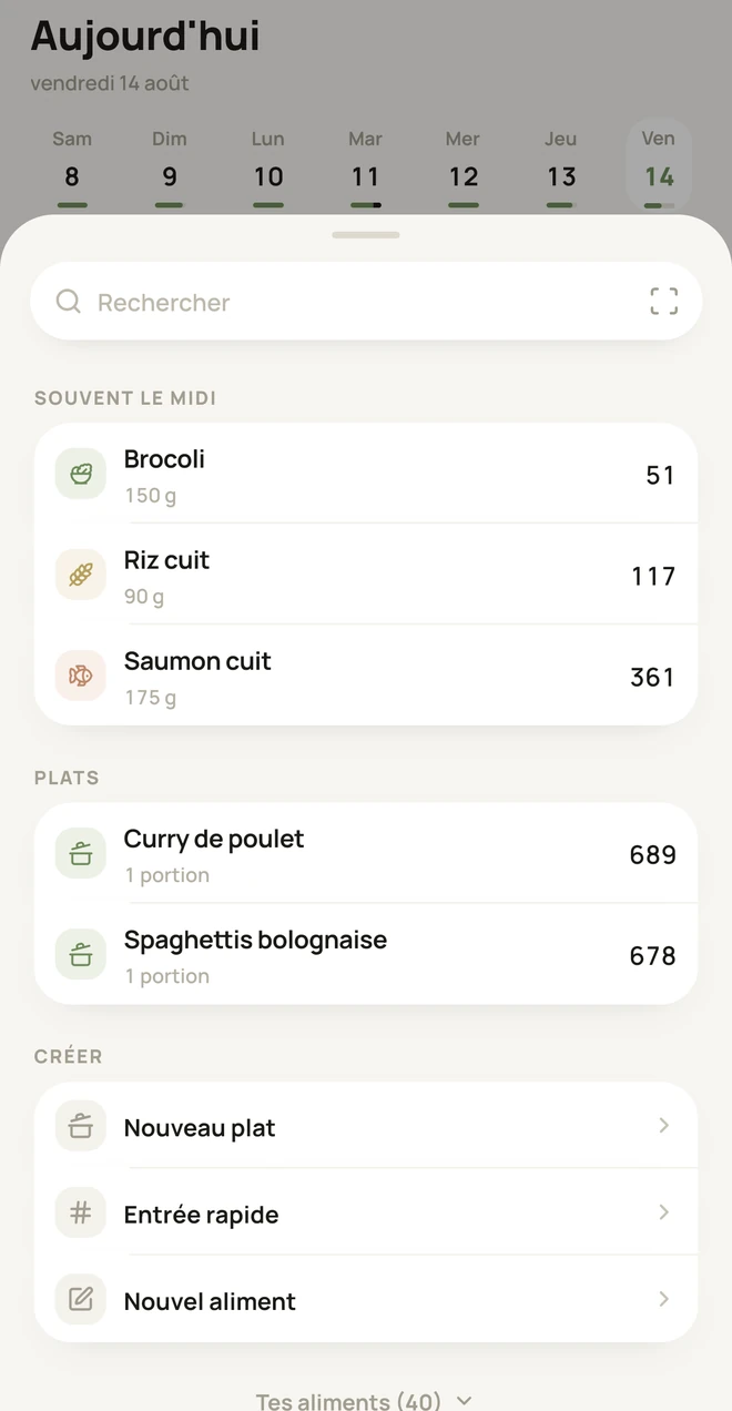 La feuille d&rsquo;ajout listant les aliments les plus fréquents au déjeuner, et les plats enregistrés.