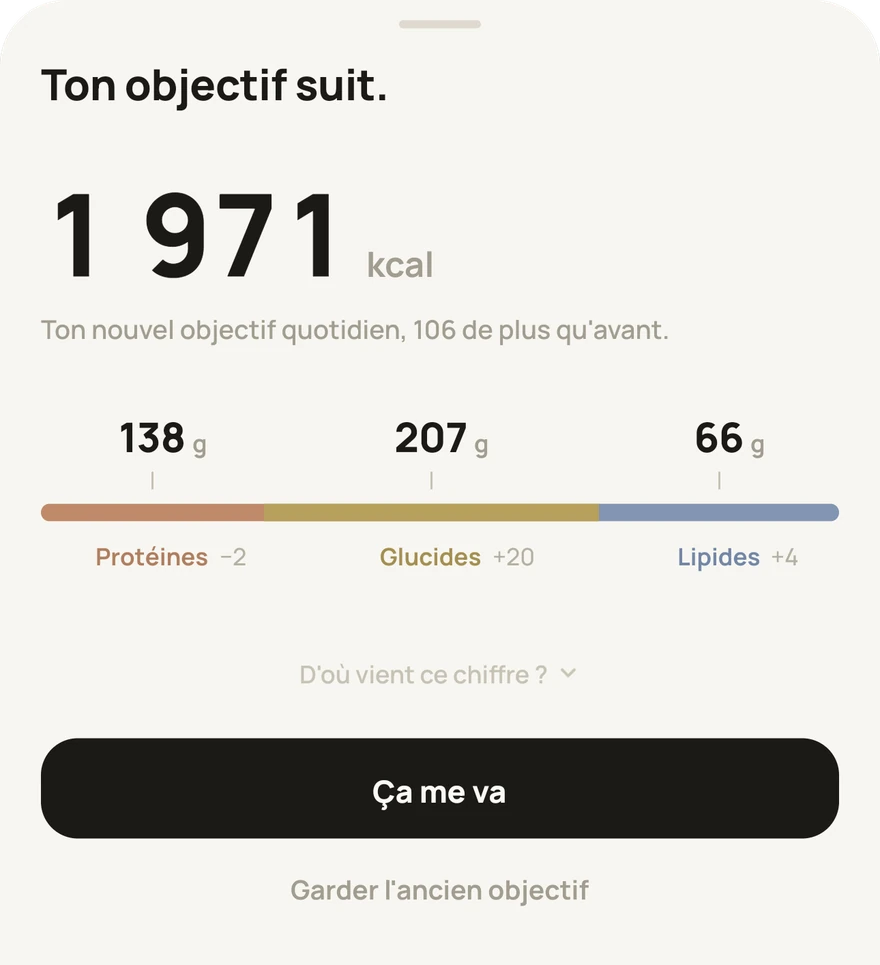 Le nouvel objectif proposé, avec la répartition des macros en dessous, et un bouton pour l&rsquo;accepter.