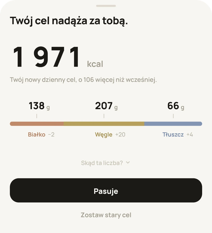 Proponowany nowy cel, z podziałem makro pod spodem, i jeden przycisk, żeby go przyjąć.