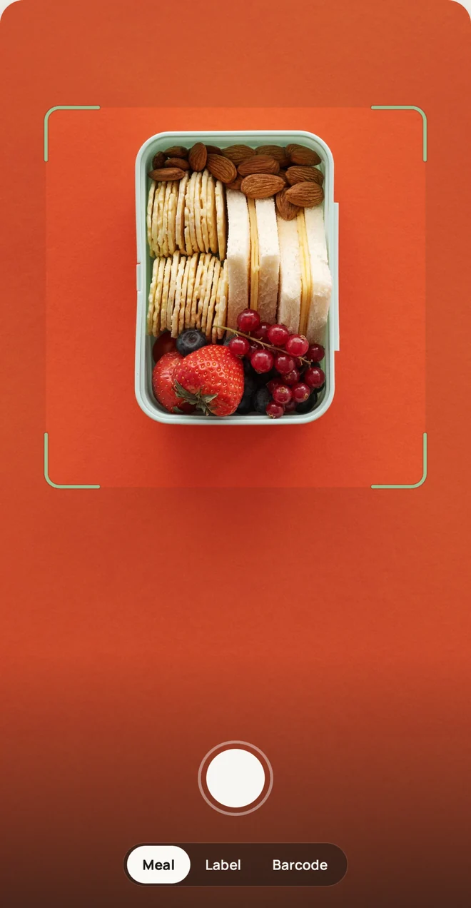 The meal camera pointed at a lunchbox with sandwiches, crackers, almonds and fruit.