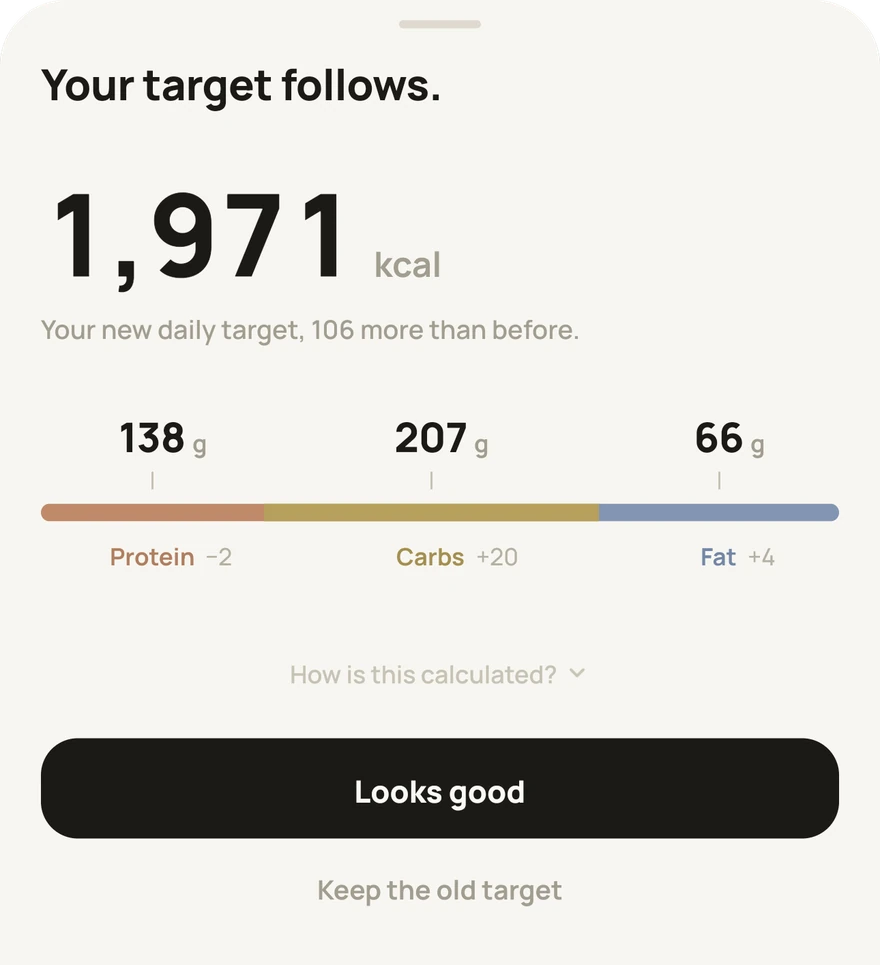 The proposed new target: 1,971 kcal per day with the macro split beneath it, and one button to accept.