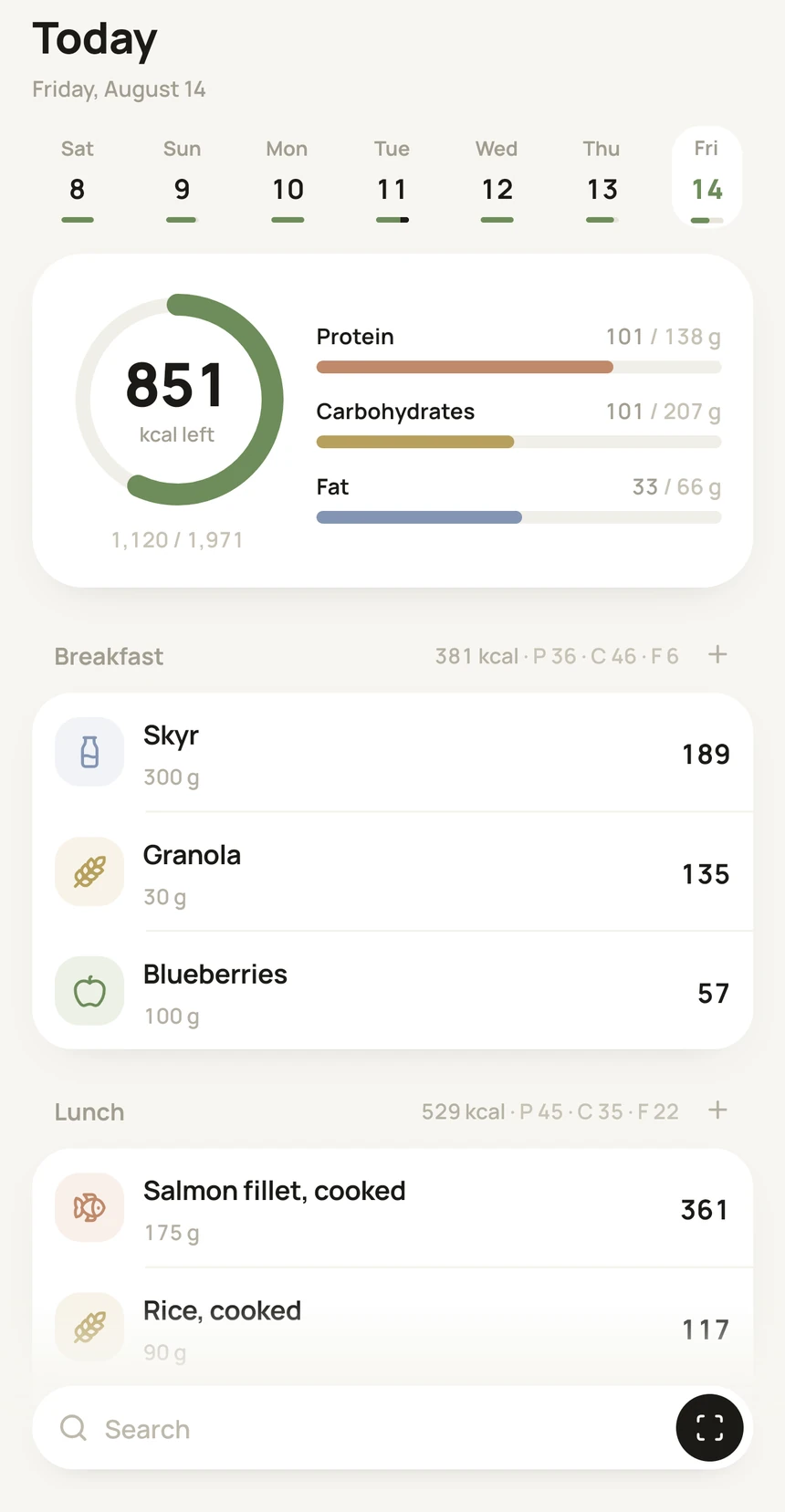 The Teller Today screen: 851 kcal left on the day, bars for protein, carbohydrates and fat, and the meals logged so far.